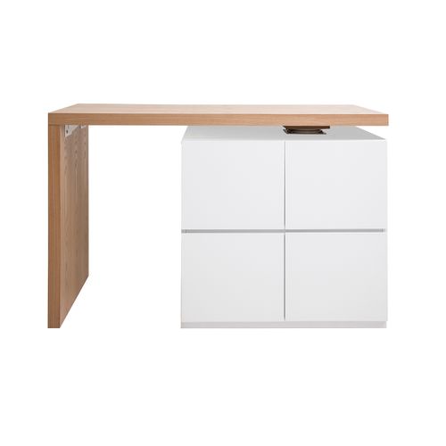 Îlot - Table De Bar Modulable Avec Rangement Blanc Mat Et Bois Clair Chêne L140-165 Cm Max