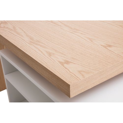 Îlot - Table De Bar Modulable Avec Rangement Blanc Mat Et Bois Clair Chêne L140-165 Cm Max