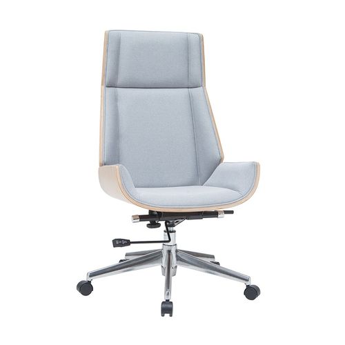 Fauteuil De Bureau De Direction Design En Tissu Gris Clair, Bois Clair Et Acier Chromé Curved