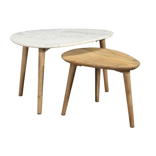 Tables Basses Gigognes Marbre Blanc Et Bois Manguier Massif (lot De 2) Evy