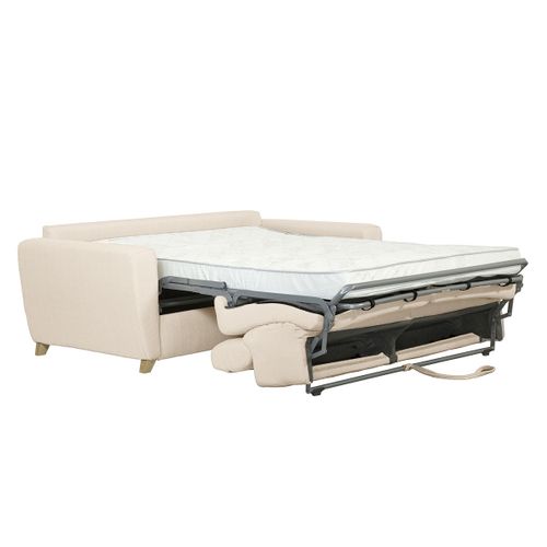 Canapé Convertible Avec Têtières Ajustables 3 Places En Tissu Beige Et Bois Clair Goya