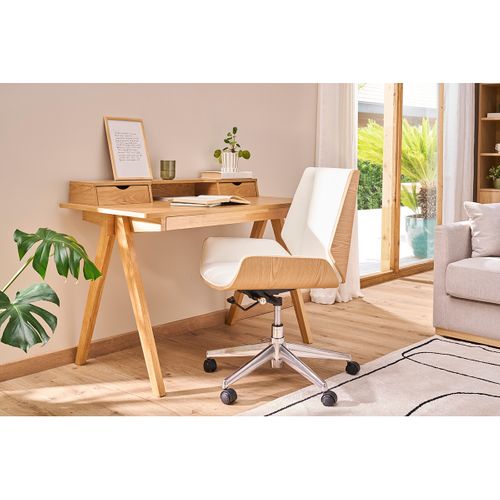 Chaise De Bureau à Roulettes Design En Tissu Gris Clair, Bois Clair Et Acier Chromé Curved