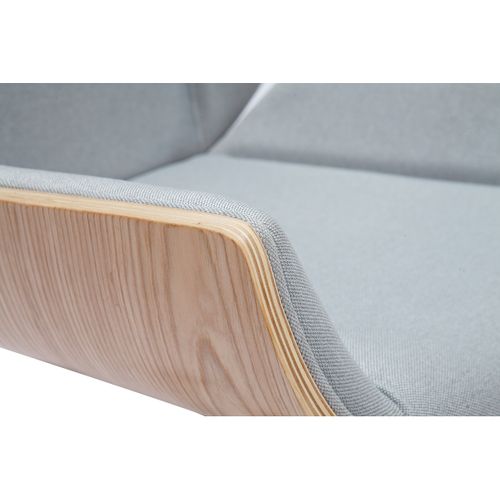 Chaise De Bureau à Roulettes Design En Tissu Gris Clair, Bois Clair Et Acier Chromé Curved