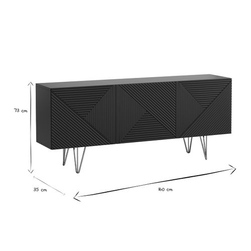 Buffet Design Gravé Noir Et Métal Doré 3 Portes L160 Cm Ozen