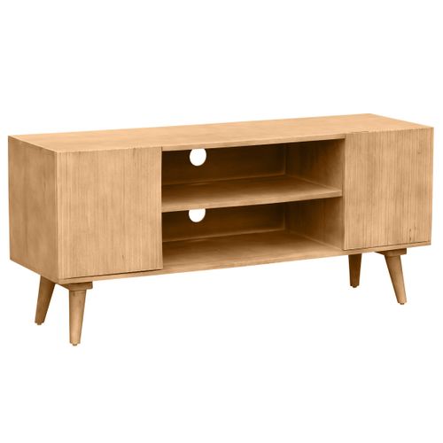 Meuble TV En Bois Clair Manguier Massif Gravé 2 Portes L135 Cm Rubia