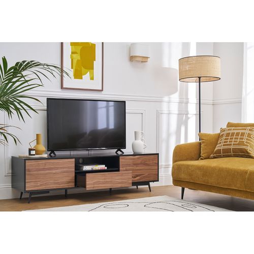 Meuble TV Bois Foncé Noyer, Noir Mat Et Métal Noir 2 Portes 1 Tiroir L160 Cm Mermoz
