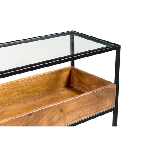 Console Avec Plateau En Verre, Rangement En Bois Massif Et Métal Noir L100 Cm Haora