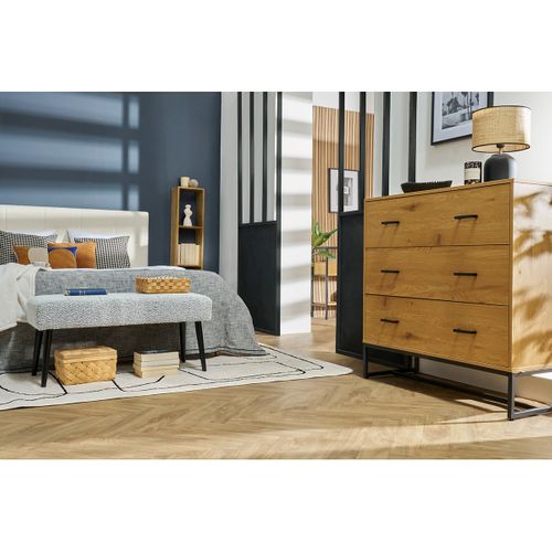 Commode 3 Tiroirs Finition Bois Clair Chêne Et Métal Noir L100 Cm Lovato