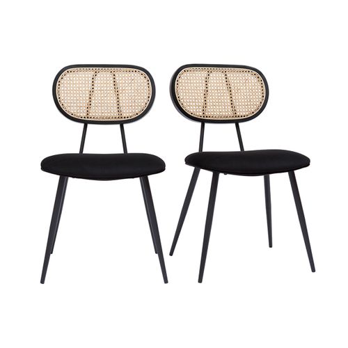 Chaises Design Noires En Tissu Velours, Métal Et Cannage Rotin Naturel (lot De 2) Tolma