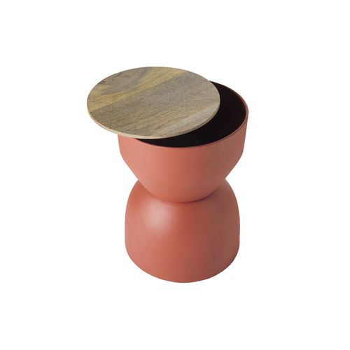 Table D'appoint Ronde Design Avec Rangement En Métal Terre Brulée, Bois Manguier Massif D30 Cm Yoyo