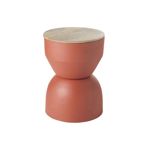 Table D'appoint Ronde Design Avec Rangement En Métal Terre Brulée, Bois Manguier Massif D30 Cm Yoyo