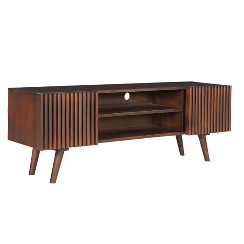 Meuble TV En Manguier Massif Teinté Bois Foncé Avec Portes Coulissantes L140 Cm Alba