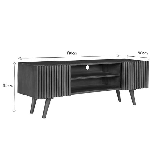 Meuble TV En Manguier Massif Teinté Bois Foncé Avec Portes Coulissantes L140 Cm Alba