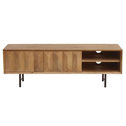Meuble TV En Bois Clair Manguier Massif Gravé Et Métal Noir L120 Cm Agra