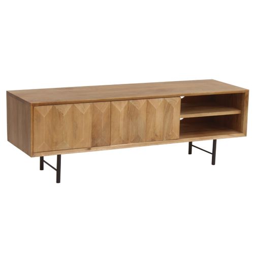 Meuble TV En Bois Clair Manguier Massif Gravé Et Métal Noir L120 Cm Agra