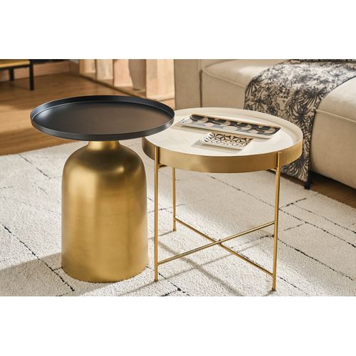 Table D'appoint Design Ronde En Métal Doré Et Plateau Noir Mat Ramses