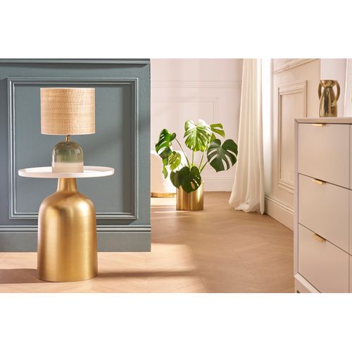 Table D'appoint Design Ronde En Métal Doré Et Plateau Blanc Mat Ramses