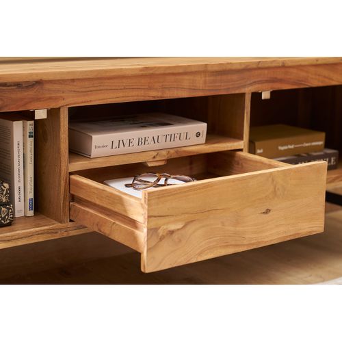 Meuble TV Avec Rangements En Bois Massif Et Métal Noir L160 Cm Napoli