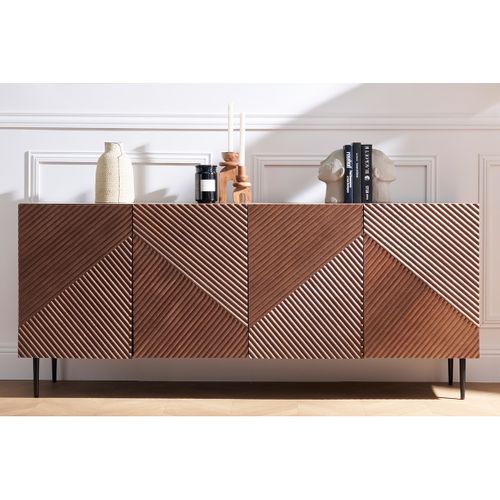 Buffet Design En Bois Foncé Chêne Massif Gravé Et Métal Noir 4 Portes L180 Cm Archipel