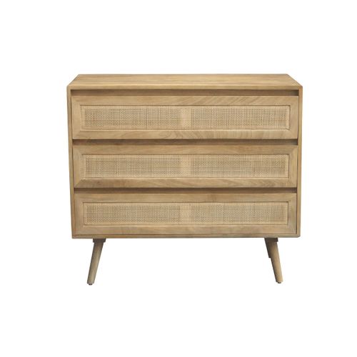Commode En Bois Manguier Massif Et Cannage Rotin 3 Tiroirs L90 Cm Acange