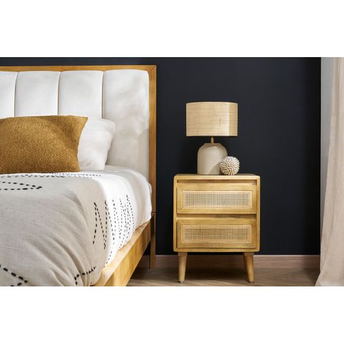 Table De Chevet En Bois Manguier Massif Et Cannage Rotin Avec Rangements 2 Tiroirs Acange