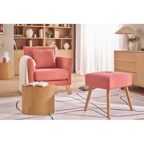 Tabouret Bas En Tissu Effet Velours Texturé Terracotta Et Bois Clair Massif H46 Cm Guesta