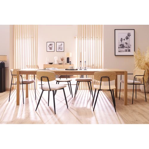 Chaises Vintage En Bois Clair Chêne Assises Tissu Chenille Beige Et Métal Noir (lot De 2) Joline