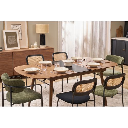 Chaises En Tissu Effet Velours Texturé Vert Kaki, Métal Noir Et Cannage Rotin (lot De 2) Miranda