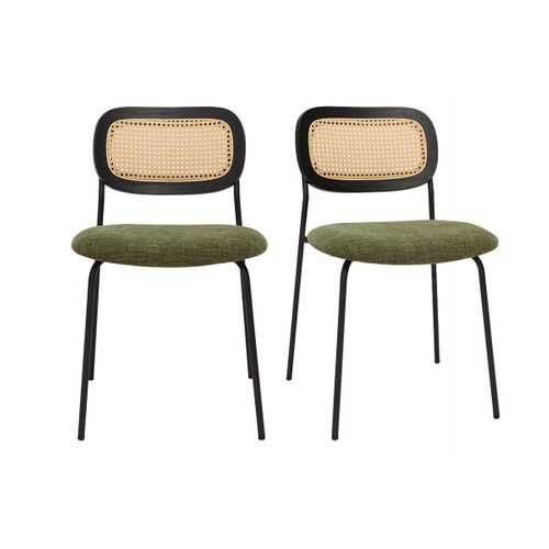 Chaises En Tissu Effet Velours Texturé Vert Kaki, Métal Noir Et Cannage Rotin (lot De 2) Miranda