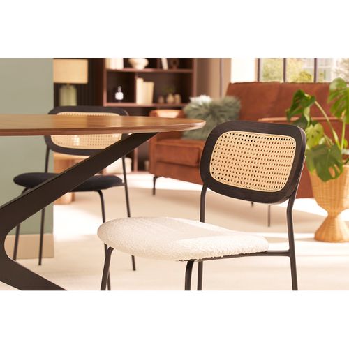 Chaises Design En Tissu Effet Laine Bouclée Blanc, Métal Noir Et Cannage Rotin (lot De 2) Miranda
