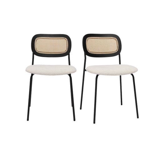 Chaises Design En Tissu Effet Laine Bouclée Blanc, Métal Noir Et Cannage Rotin (lot De 2) Miranda