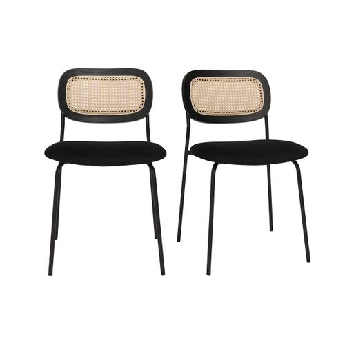 Chaises Design En Velours Noir, Métal Noir Et Cannage Rotin (lot De 2) Miranda