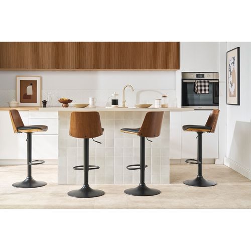 Tabouret De Bar Réglable Blanc, Bois Clair Et Pied Chromé Doa