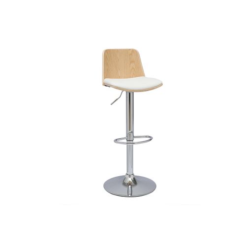 Tabouret De Bar Réglable Blanc, Bois Clair Et Pied Chromé Doa