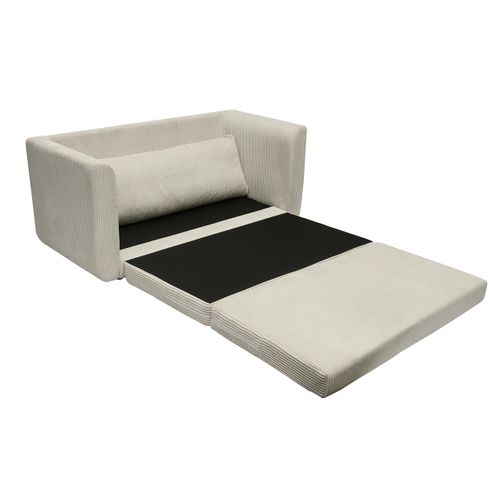 Canapé Convertible 2 Places En Tissu Velours Côtelé Beige Leon