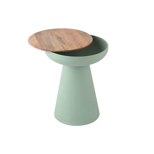 Table D'appoint Ronde Design Avec Rangement En Métal Vert Céladon Et Bois Manguier Massif H52 Cm Tam
