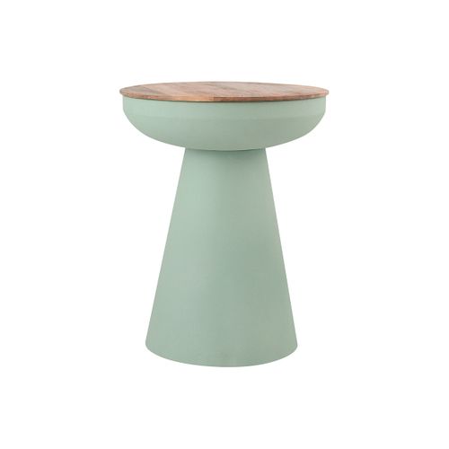 Table D'appoint Ronde Design Avec Rangement En Métal Vert Céladon Et Bois Manguier Massif H52 Cm Tam