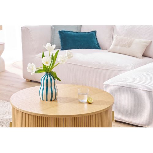 Table Basse Ronde Finition Bois Clair Chêne 2 Portes Coulissantes D80 Cm Epic