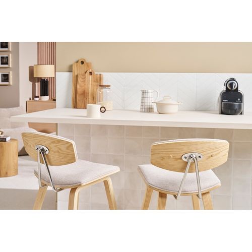 Tabourets De Bar Design En Tissu Effet Velours Texturé Beige Et Bois Clair H69 Cm (lot De 2) Vasco