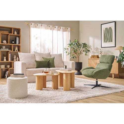 Pouf Rond En Tissu Effet Laine Bouclée Blanc D40 Cm Paul