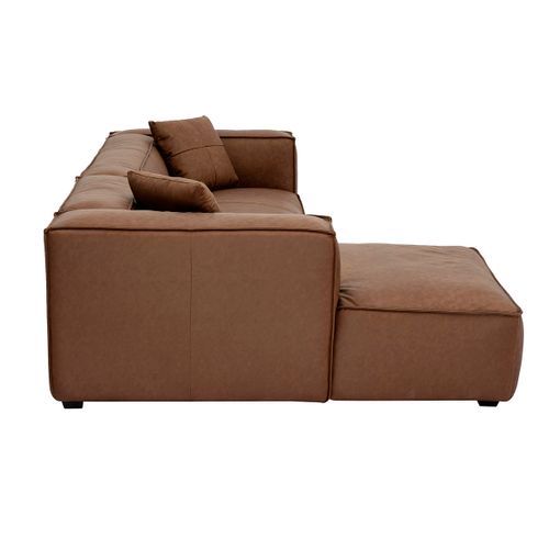 Canapé D'angle Gauche Vintage 4-5 Places En Cuir Marron Et Bois Noir Cobain