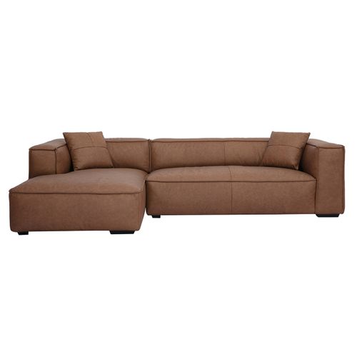 Canapé D'angle Gauche Vintage 4-5 Places En Cuir Marron Et Bois Noir Cobain