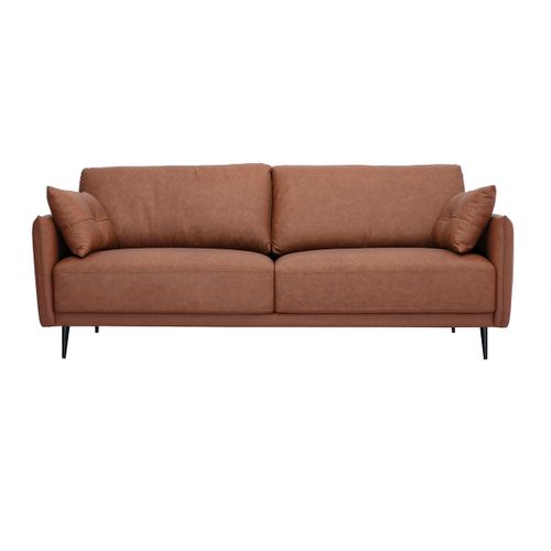 Canapé Vintage 3 Places Cuir Marron Et Bois Foncé Daven