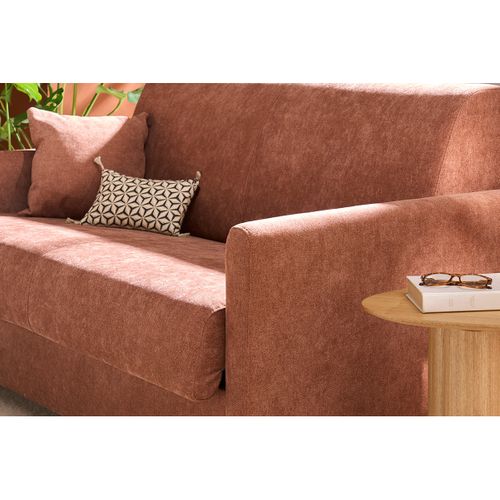 Canapé Convertible 2-3 Places En Tissu Effet Velours Terre Brûlée Et Bois Clair Skandy