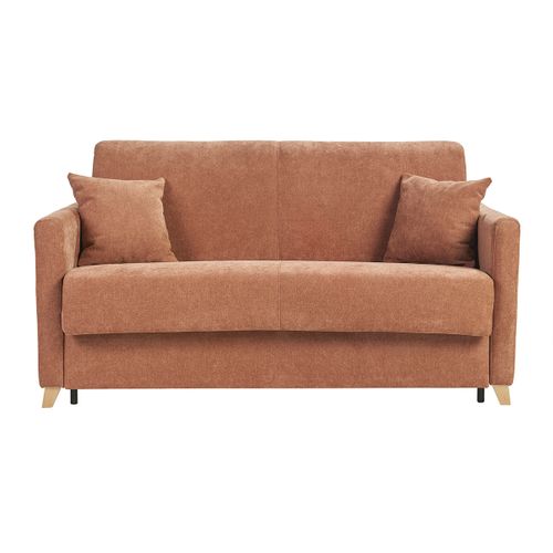 Canapé Convertible 2-3 Places En Tissu Effet Velours Terre Brûlée Et Bois Clair Skandy