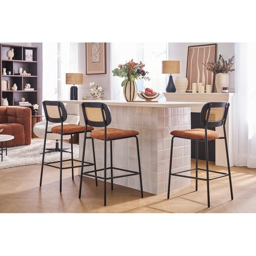 Tabourets Design En Velours Noir, Métal Noir Et Cannage Rotin (lot De 2) Miranda