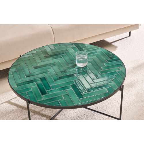 Table Basse Ronde En Céramique Vert Foncé Et Métal Noir D80.5 Cm Kotta