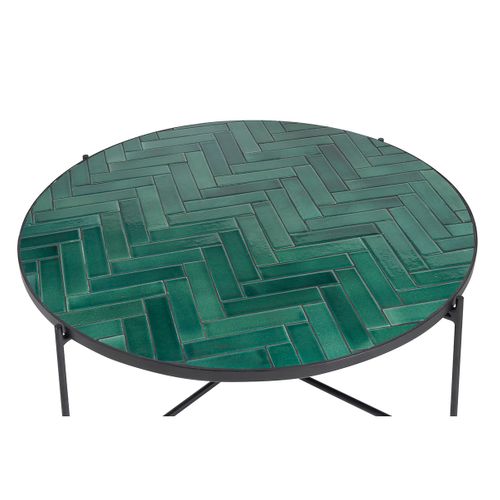 Table Basse Ronde En Céramique Vert Foncé Et Métal Noir D80.5 Cm Kotta