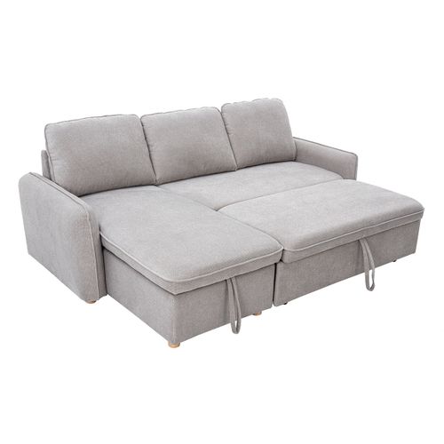 Canapé D'angle Convertible Réversible Avec Coffre 3 Places En Tissu Chenille Gris Et Bois Clair Orso