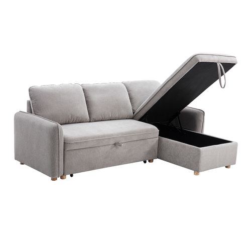 Canapé D'angle Convertible Réversible Avec Coffre 3 Places En Tissu Chenille Gris Et Bois Clair Orso